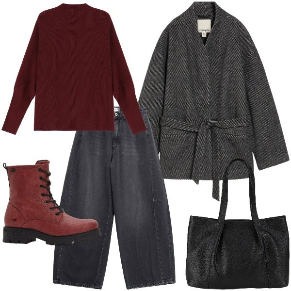 Outfit donna - comfort h24. Stile Basic per Tutti i giorni. Abbinamento con blazer, stivaletti, shopping bag, maglieria, jeans.