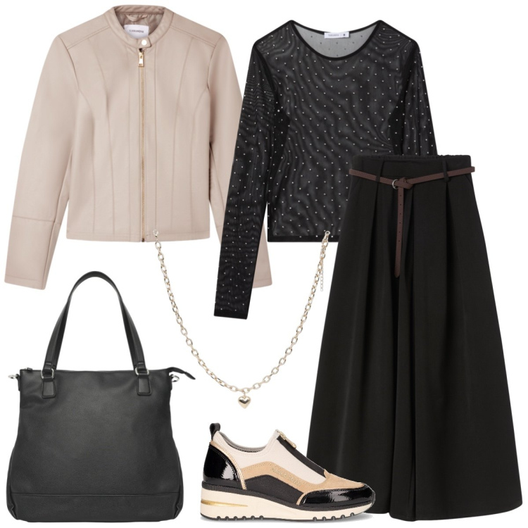 Outfit donna - Total look #2268530. Stile Casual chic per Tutti i giorni. Abbinamento con t-shirt, collane, shopping bag, giacche, pantaloni, sneakers alte.