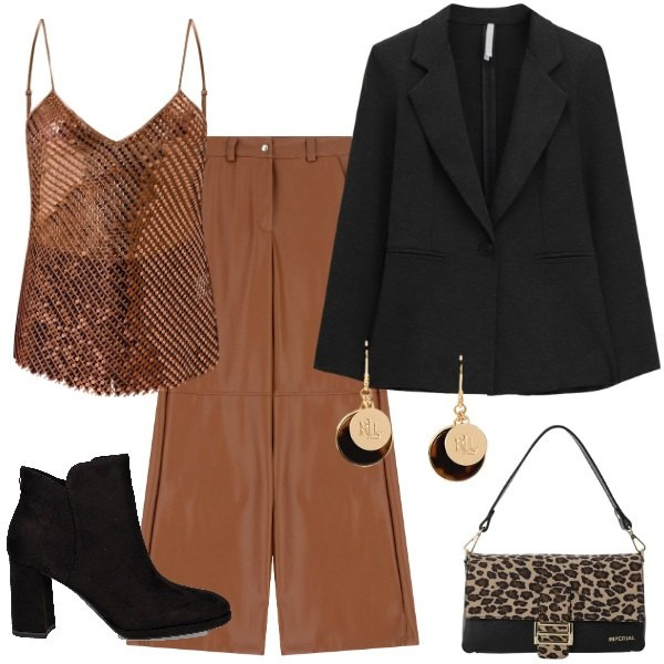 Outfit donna - serata glamour. Stile Glamour per Serata fuori. Abbinamento con canottiere, borse a spalla, blazer, pantaloni a palazzo, orecchini, stivaletti.