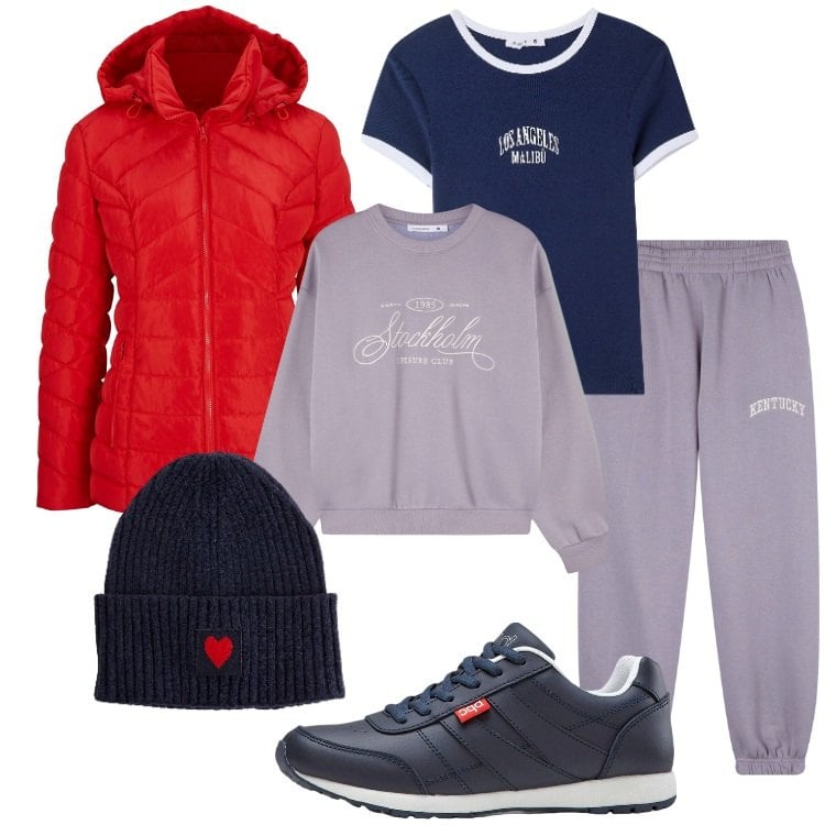 Outfit donna - Sportiva tutti i giorni. Stile Casual per Tutti i giorni. Abbinamento con sneakers, giacche, berretti, felpe, pantaloni sportivi, t-shirt.