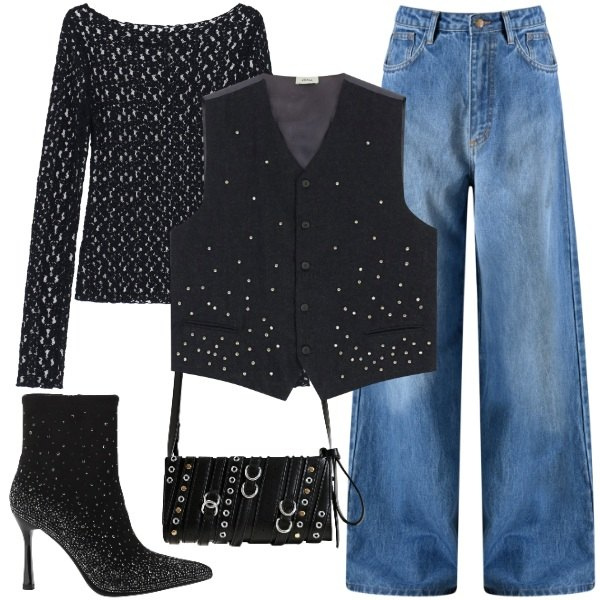 Outfit donna - borchie e strass. Stile Rock per Serata fuori. Abbinamento con gilet, borse a spalla, jeans, stivaletti, bluse.
