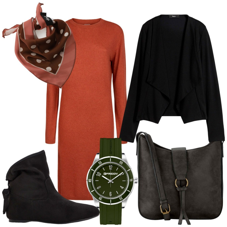 Outfit donna - Total look #2268540. Stile Casual chic per Tutti i giorni. Abbinamento con blazer, borse a tracolla, stivaletti, foulard, orologi, vestiti midi/longuette.