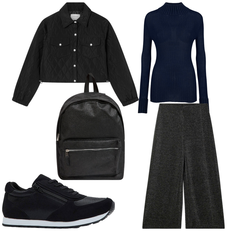 Outfit donna - Black me. Stile Casual per Tutti i giorni. Abbinamento con sneakers, pantaloni culotte, zaini, giacche, maglieria.