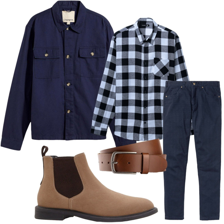 Outfit uomo - Il classico blu. Stile Casual per Ufficio. Abbinamento con pantaloni, cinture, giacche, stivali e stivaletti, camicie.