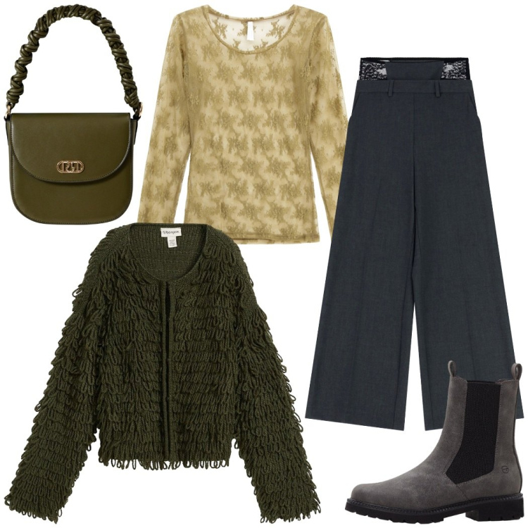 Outfit donna - Total look #2268543. Stile Casual chic per Ufficio. Abbinamento con stivaletti chelsea, cardigans, borse a mano, maglieria, pantaloni a palazzo.