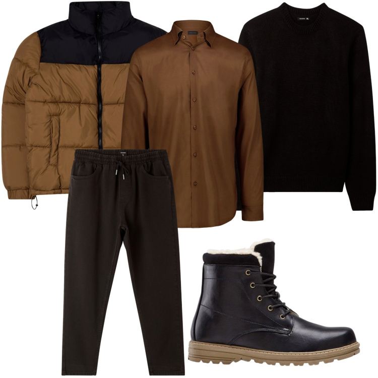 Outfit uomo - Giochi di stratificazioni. Stile Trendy per Ufficio. Abbinamento con stivali e stivaletti, giacche, maglieria, pantaloni, camicie.