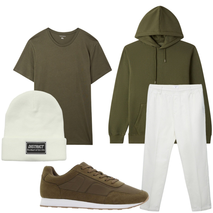 Outfit uomo - Sneakers di stagione. Stile Trendy per Sport. Abbinamento con sneakers, t-shirt, felpe con cappuccio, pantaloni, berretti.