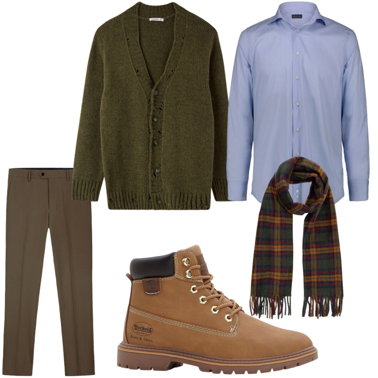 Outfit uomo - Il cardigan pesante. Stile Trendy per Tutti i giorni. Abbinamento con stivali e stivaletti, cardigans, camicie, sciarpe, pantaloni.