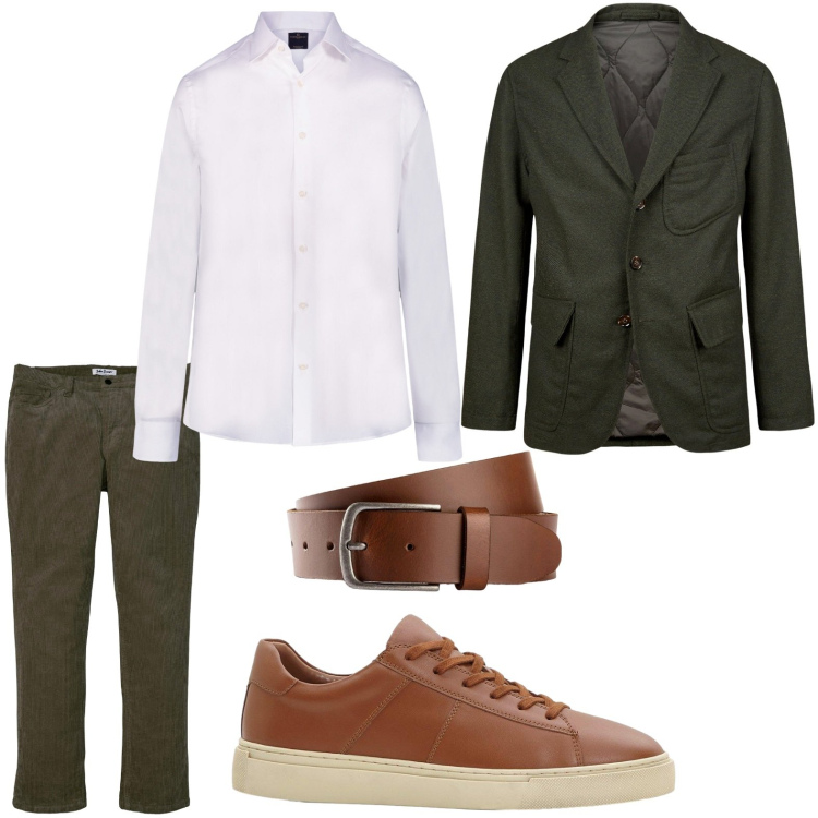 Outfit uomo - Eleganza dinamica. Stile Casual per Ufficio. Abbinamento con cinture, pantaloni, sneakers, camicie, giacche.