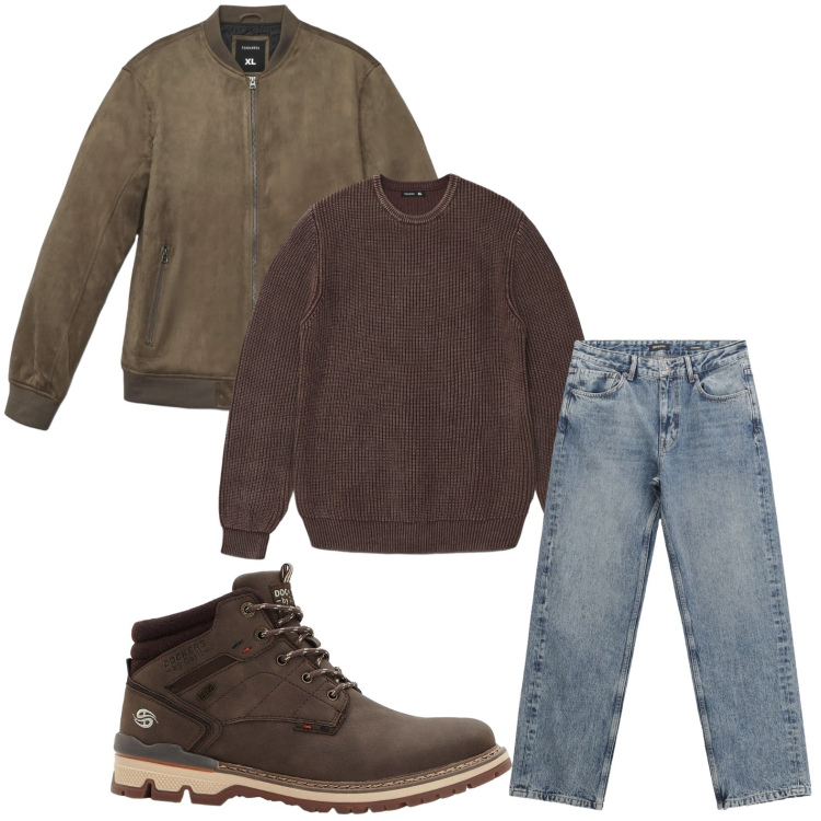 Outfit uomo - Il denim non manca. Stile Trendy per Tutti i giorni. Abbinamento con stivali e stivaletti, giacche, maglieria, jeans dritti.
