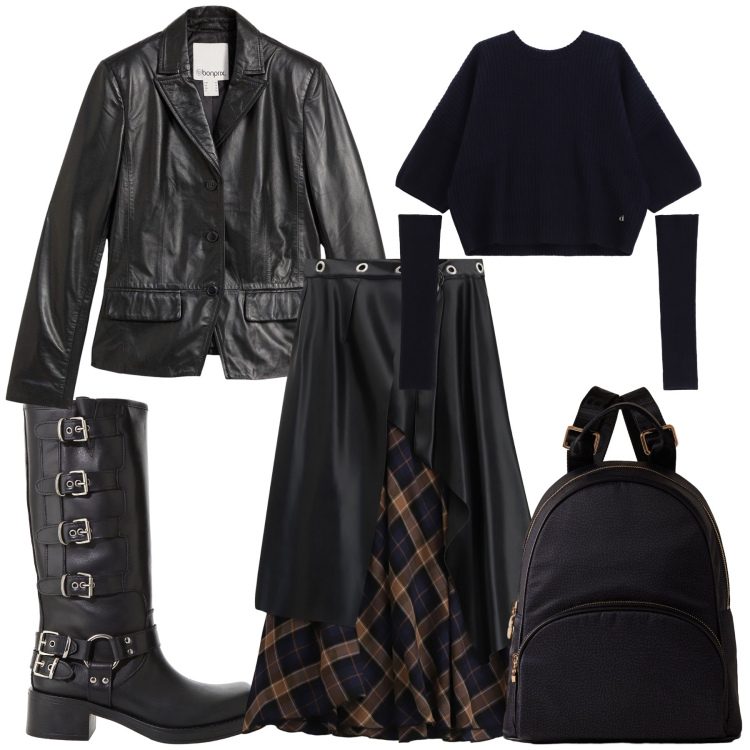 Outfit donna - Look da urlo. Stile Rock per Tutti i giorni. Abbinamento con blazer, gonne lunghe, stivali, maglieria, zaini.