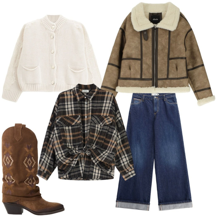 Outfit donna - Country style. Stile Casual per Tutti i giorni. Abbinamento con stivali, blazer, camicie, cardigans, jeans.