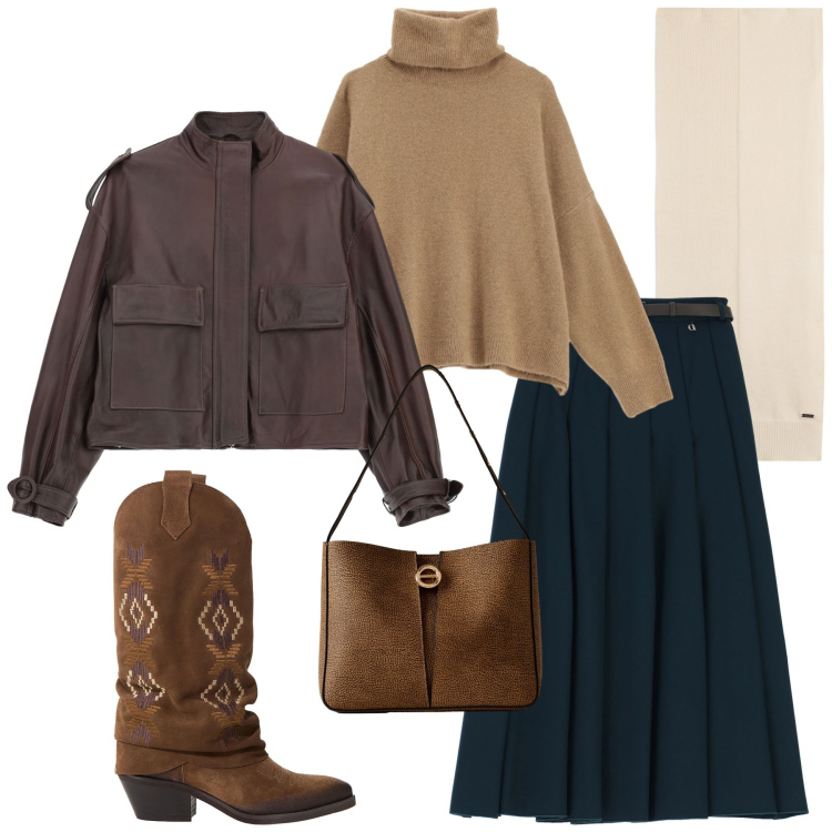 Outfit donna - Al lavoro. Stile Casual chic per Ufficio. Abbinamento con maglieria, giacche, gonne longuette, stivali, sciarpe, borse a secchiello.