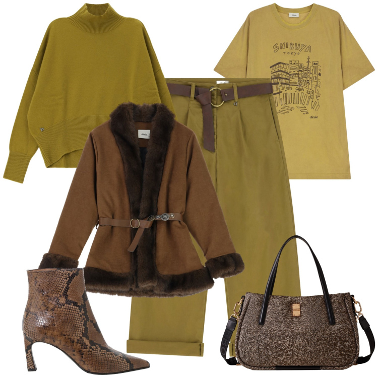 Outfit donna - Autunno/Inverno trendy in città. Stile Trendy per Tutti i giorni. Abbinamento con shopping bag, maglieria, pantaloni, stivaletti, cinture, t-shirt.