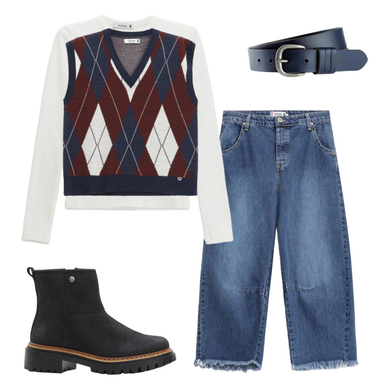 Outfit donna - Gilet a rombi. Stile Casual per Scuola/Università. Abbinamento con cinture, stivaletti, jeans, gilet, maglieria.