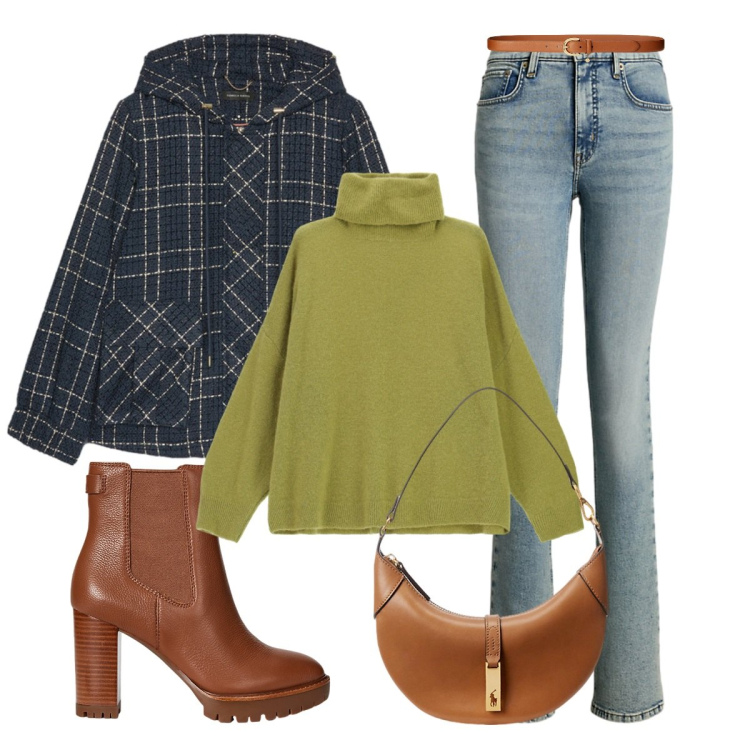 Outfit donna - Giacca a quadri. Stile Casual per Tutti i giorni. Abbinamento con maglieria, borse a spalla, cinture, stivaletti chelsea, jeans bootcut, blazer.