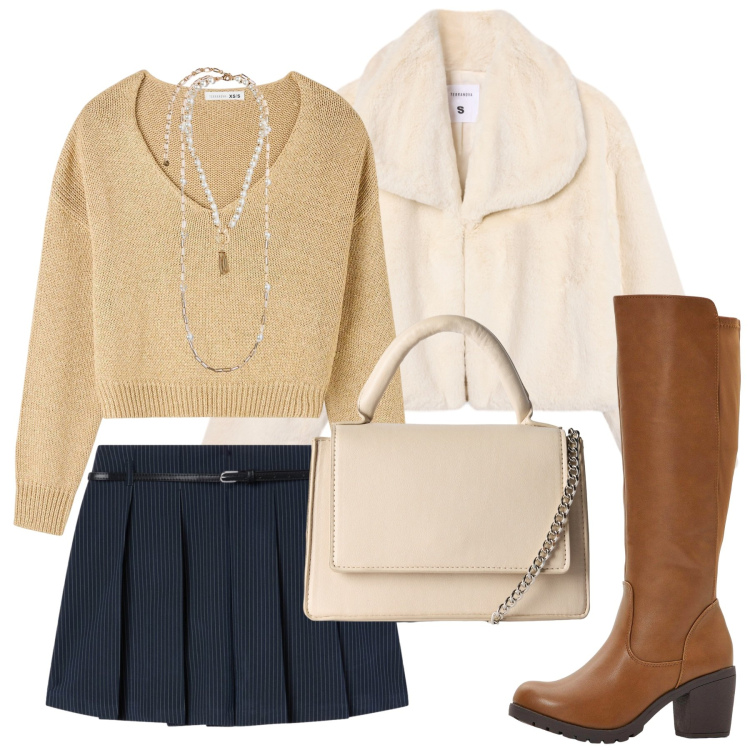 Outfit donna - In città. Stile Casual chic per Tutti i giorni. Abbinamento con stivali, maglieria, minigonne, borse a tracolla, ecopellicce, collane.