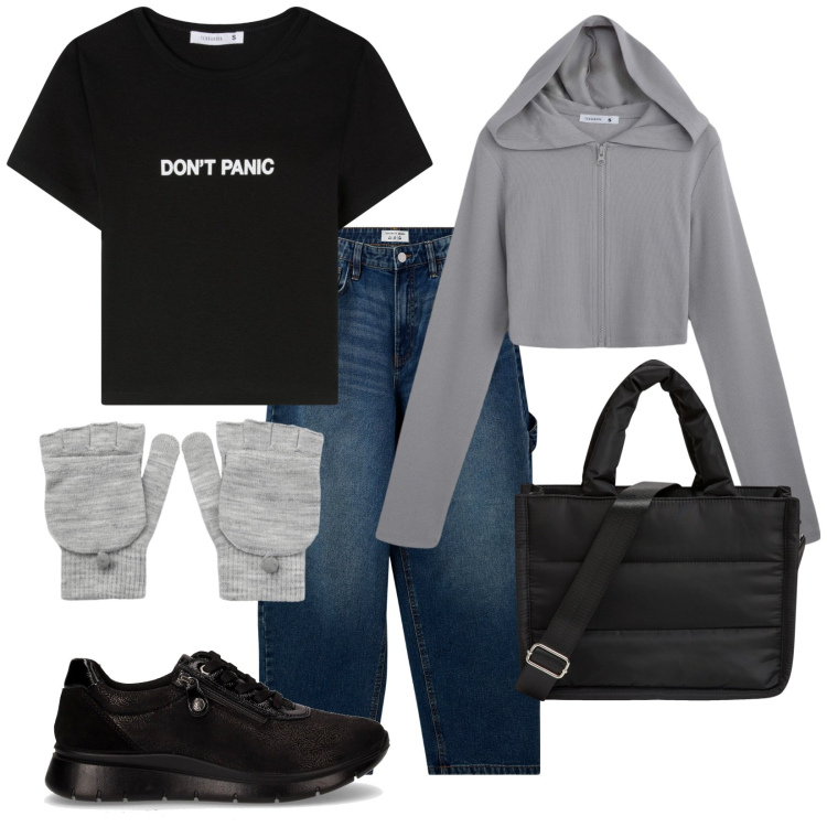 Outfit donna - Total look #2268564. Stile Urban per Tutti i giorni. Abbinamento con felpe con cappuccio, t-shirt, guanti, shopping bag, jeans, sneakers.