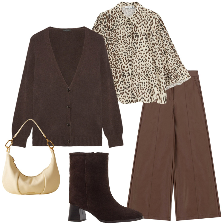 Outfit donna - Camicia animalier. Stile Casual chic per Serata fuori. Abbinamento con stivaletti, pantaloni a palazzo, camicie, borse a spalla, cardigans.