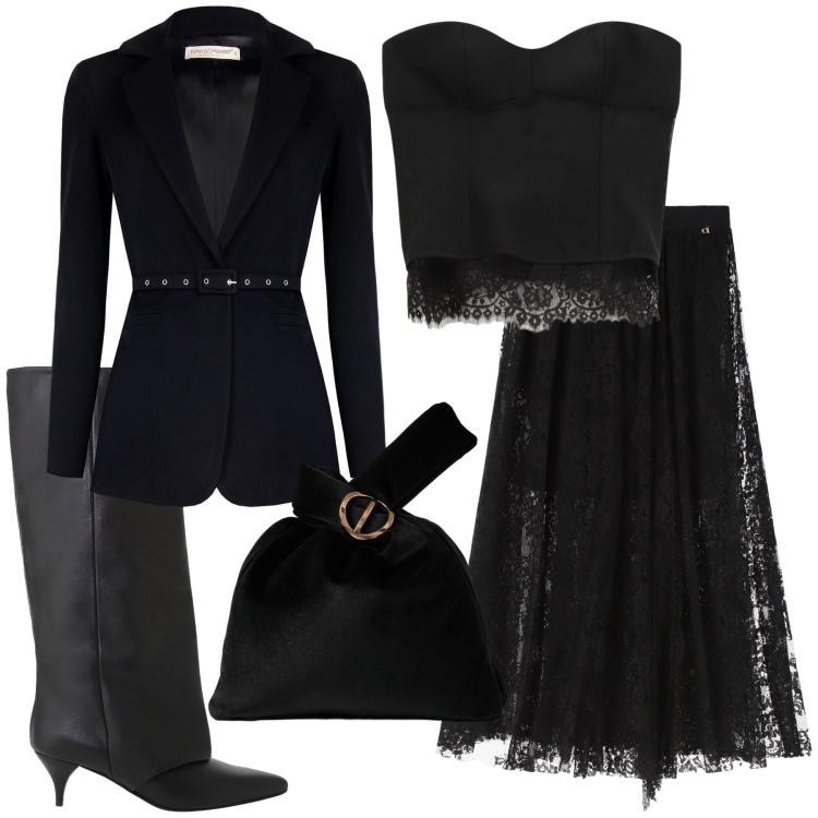 Outfit donna - Una serata dark. Stile Sexy per Serata fuori. Abbinamento con blazer, top, gonne lunghe, stivali, borse a mano.