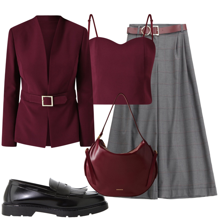 Outfit donna - Bordeaux e grigio. Stile Glamour per Tutti i giorni. Abbinamento con mocassini, borse a spalla, top, blazer, pantaloni.