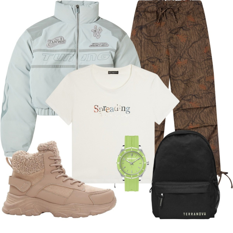 Outfit donna - Sporty mom. Stile Casual per Tutti i giorni. Abbinamento con stivaletti, blazer, zaini, pantaloni cargo, orologi, t-shirt.