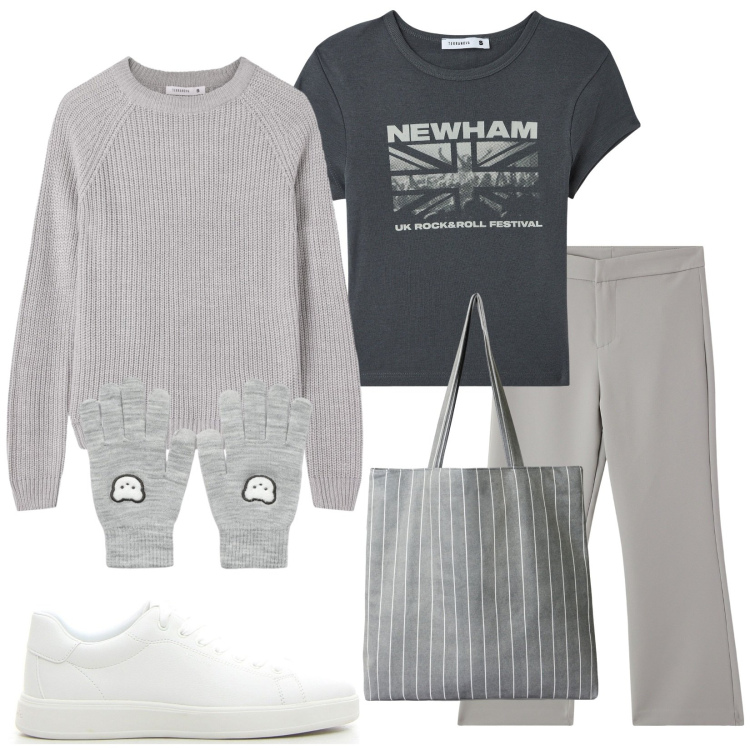 Outfit donna - Total look #2268570. Stile Casual per Tutti i giorni. Abbinamento con pantaloni, shopping bag, maglieria, guanti, t-shirt, sneakers.