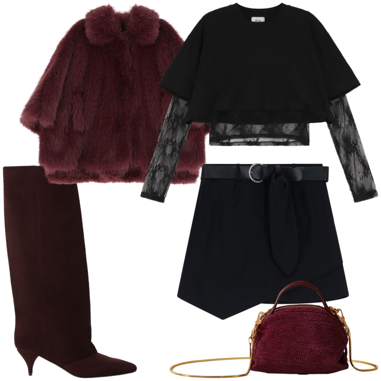 Outfit donna - Bordeaux e nero. Stile Glamour per Serata fuori. Abbinamento con blazer, minigonne, stivali, top, borse a mano.