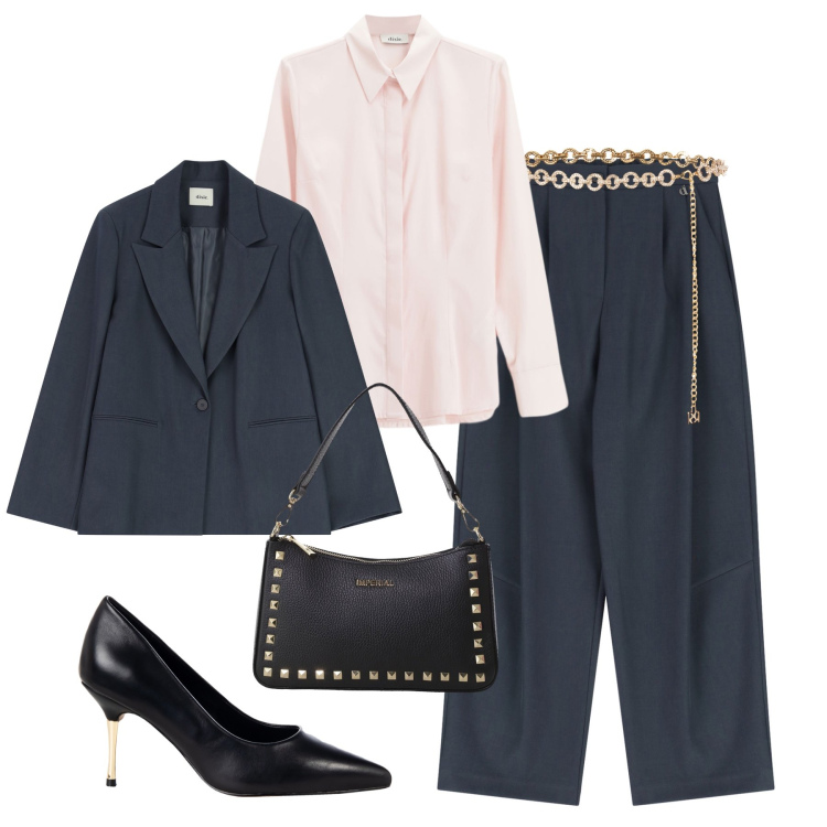Outfit donna - Evento formale. Stile Chic per Cerimonia. Abbinamento con camicie, pantaloni a palazzo, blazer, décolleté, cinture, pochette.