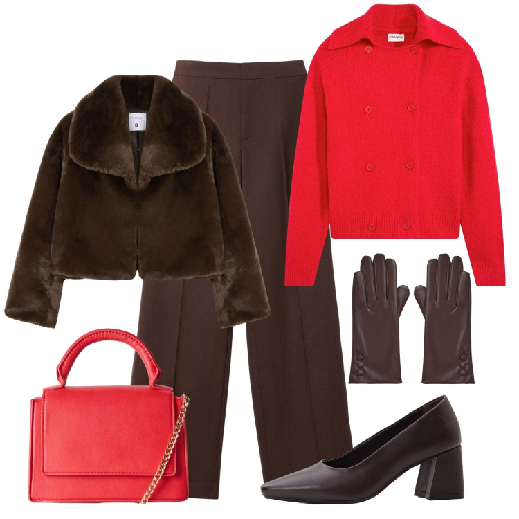 Outfit donna - Un tocco di rosso. Stile Glamour per Ufficio. Abbinamento con décolleté, cardigans, ecopellicce, borse a tracolla, guanti, pantaloni.