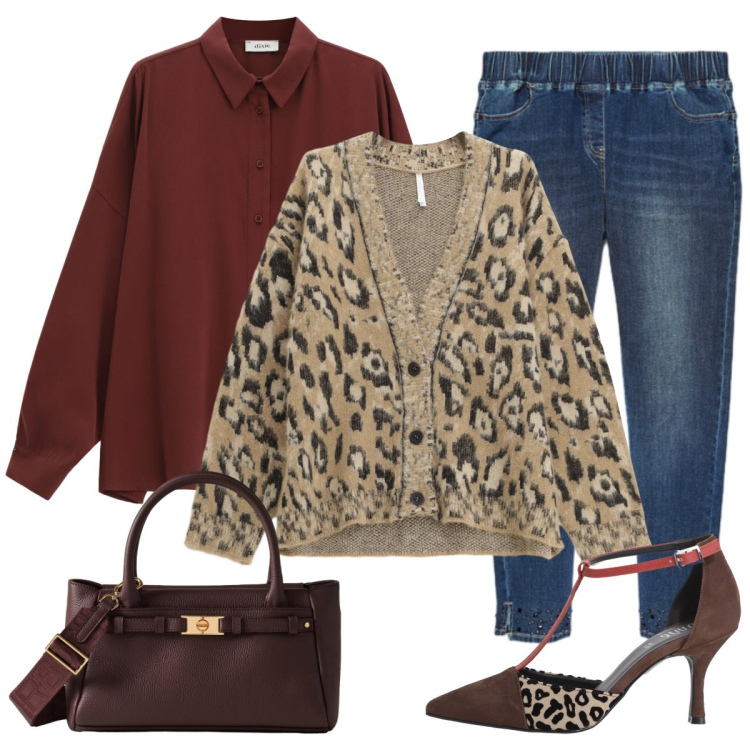 Outfit donna - Chic animalier. Stile Casual chic per Tutti i giorni. Abbinamento con cardigans, décolleté, camicie, borse a mano, jeggings.