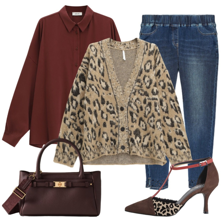 Outfit donna - Chic animalier. Stile Casual chic per Ufficio. Abbinamento con cardigans, décolleté, camicie, borse a mano, jeggings.
