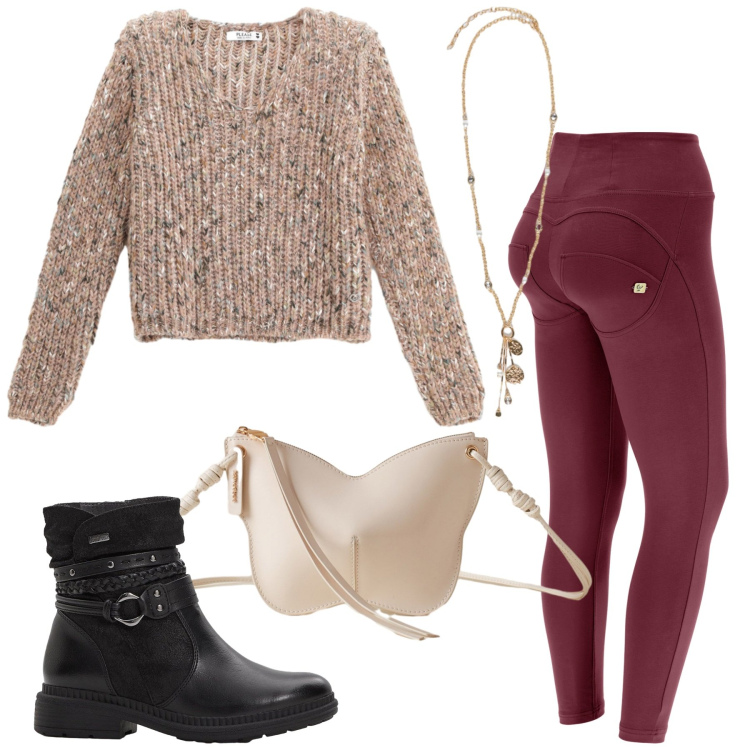 Outfit donna - Total look #2268579. Stile Sporty chic per Tutti i giorni. Abbinamento con stivaletti, maglieria, borse a tracolla, pantaloni skinny, ciondoli.
