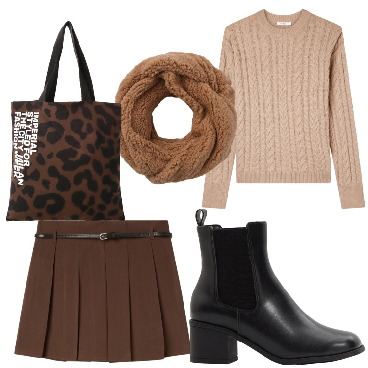 Outfit donna - Al college. Stile Mannish per Scuola/Università. Abbinamento con stivaletti, minigonne, sciarpe, maglieria, shopping bag.