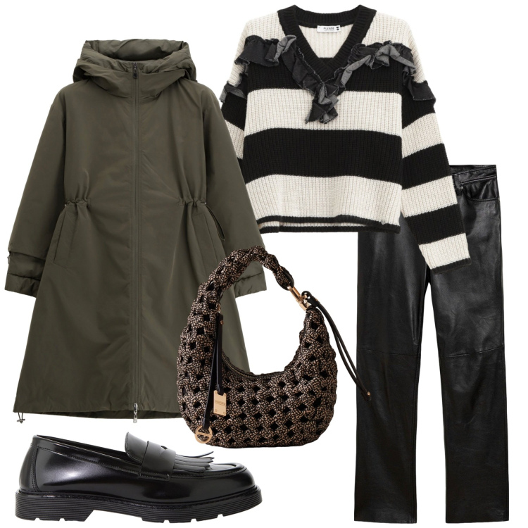 Outfit donna - Total look #2268581. Stile Urban per Tutti i giorni. Abbinamento con pantaloni, maglieria, parka, mocassini, borse a mano.