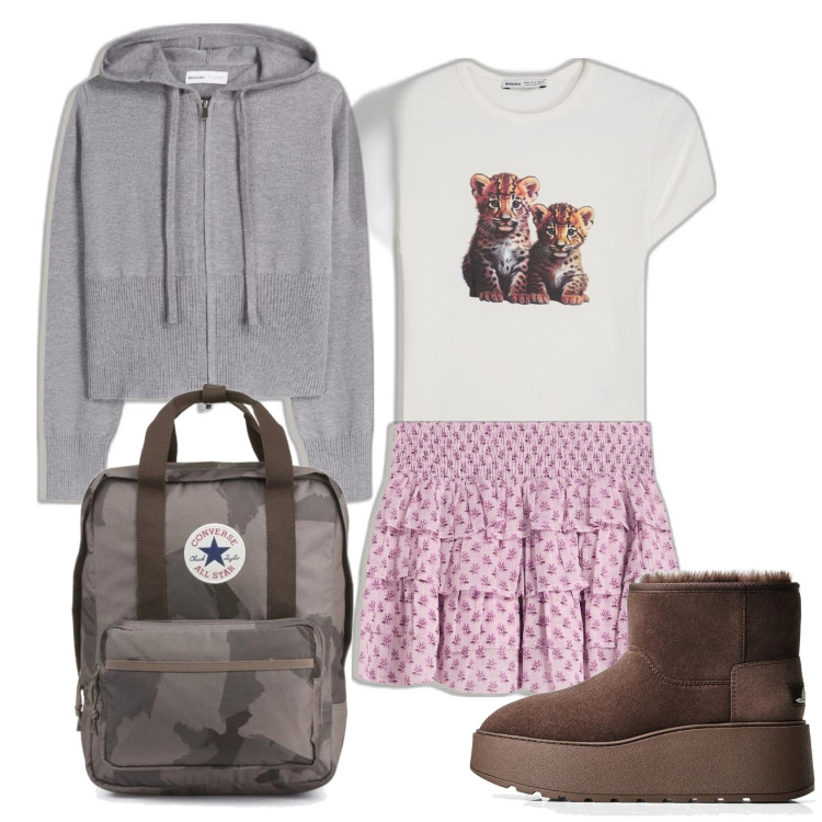 Outfit mujer - Romántica #3119. Estilo Romántica para Escuela/Universidad. Combinación con mochilas, faldas, botines, sudaderas con capucha, camiseta.