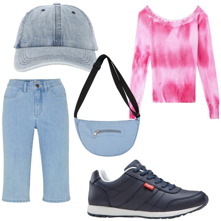 Outfit donna - Autunno al mare. Stile Basic per Mare. Abbinamento con sneakers, bermuda, cappelli con visiera, maglieria, borse a tracolla.