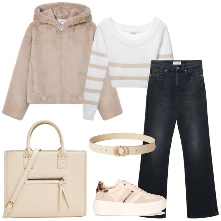 Outfit donna - Total look #2268593. Stile Casual per Scuola/Università. Abbinamento con ecopellicce, jeans bootcut, shopping bag, maglieria, cinture, sneakers.