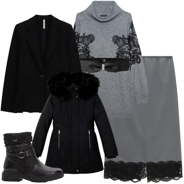 Outfit donna - Total look #2268595. Stile Casual per Tutti i giorni. Abbinamento con stivaletti, cinture, parka, gonne longuette, blazer, maglieria.