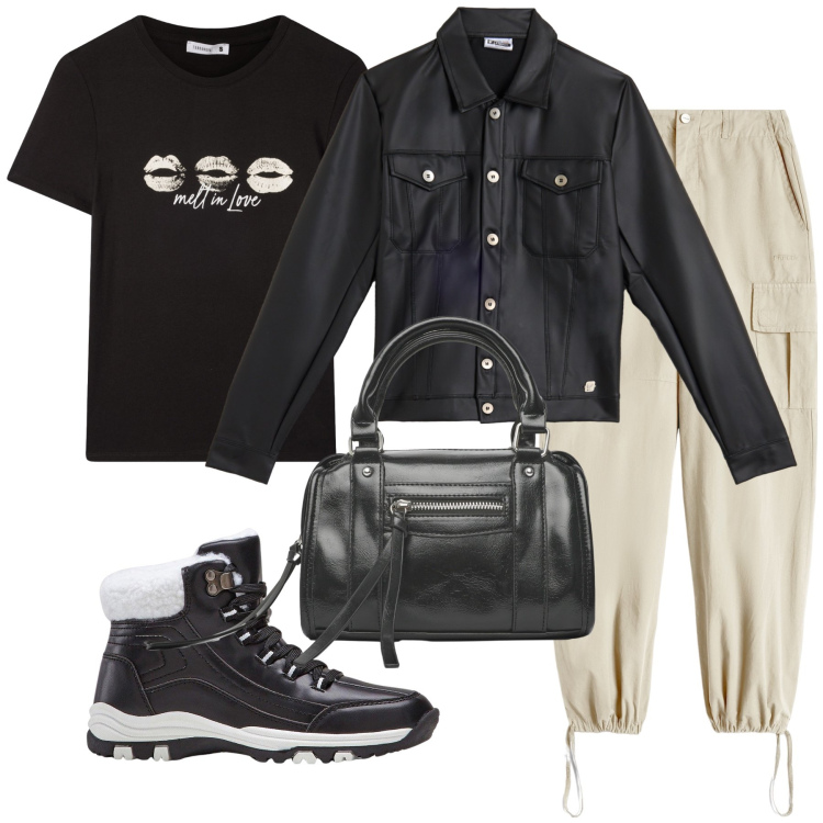 Outfit donna - Total look #2268596. Stile Casual per Tutti i giorni. Abbinamento con stivaletti, borse a mano, t-shirt, pantaloni cargo, giacche.