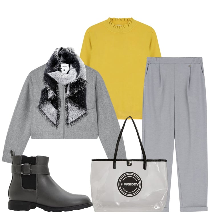Outfit donna - Total look #2268597. Stile Casual per Tutti i giorni. Abbinamento con sciarpe, stivaletti chelsea, blazer, pantaloni, maglieria, shopping bag.