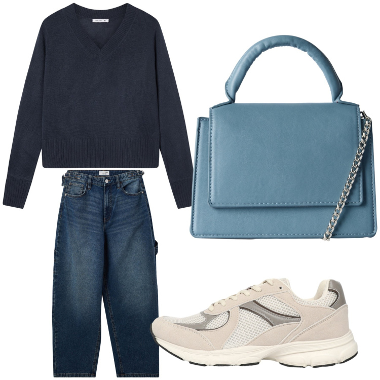 Outfit donna - Aperitivo. Stile Trendy per Tutti i giorni. Abbinamento con jeans, borse a tracolla, sneakers, maglieria.