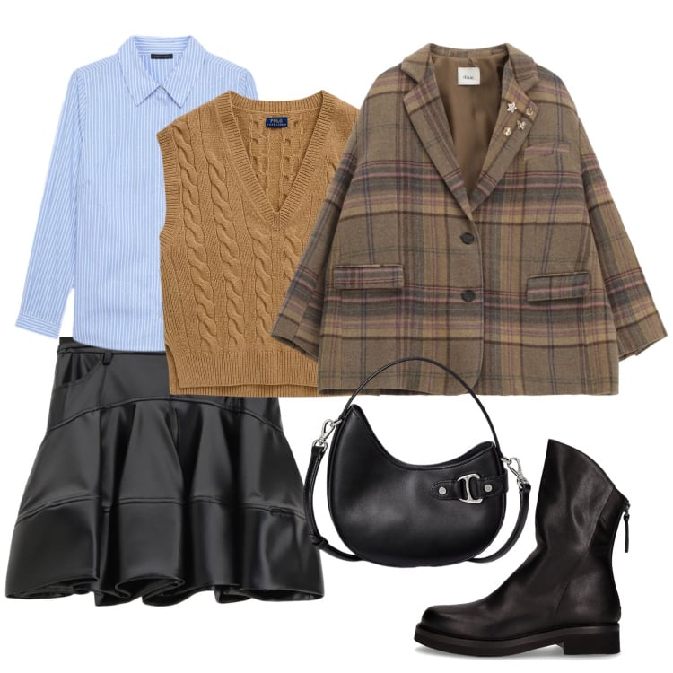 Outfit donna - I primi freddi. Stile Glamour per Tutti i giorni. Abbinamento con blazer, minigonne, maglieria, borse a tracolla, stivaletti, camicie.