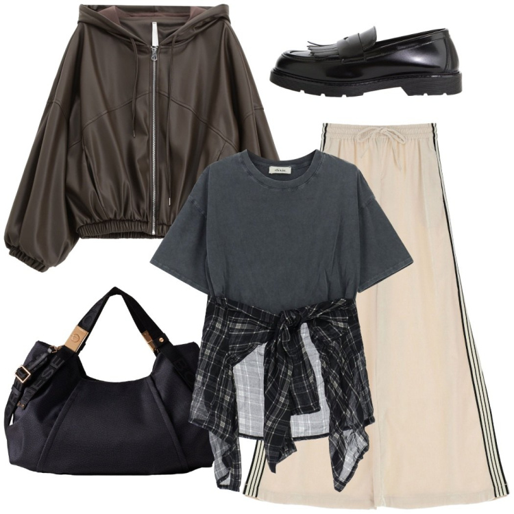 Outfit donna - Viaggio breve. Stile Casual chic per Tutti i giorni. Abbinamento con t-shirt, mocassini, pantaloni, borse a mano, bomber.