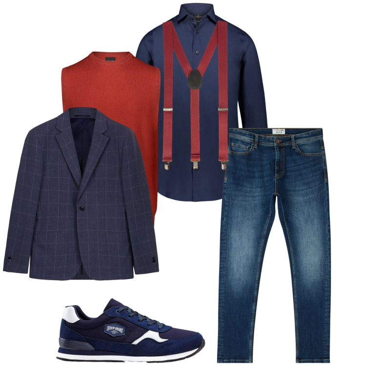 Outfit uomo - Total look #2268603. Stile Trendy per Serata speciale. Abbinamento con sneakers, jeans skinny, camicie, gilet, bretelle, giacche.