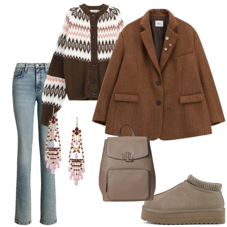 Outfit donna - Total look #2268604. Stile Casual per Tutti i giorni. Abbinamento con cardigans, blazer, orecchini, zaini, jeans bootcut, sabot.