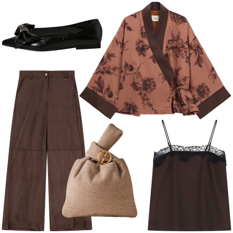 Outfit donna - La giacca kimono. Stile Chic per Serata fuori. Abbinamento con ballerine, canottiere, blazer, pantaloni a palazzo, borse a mano.