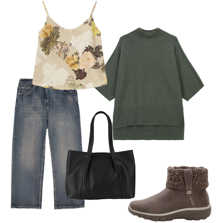 Outfit donna - Sabato pomeriggio. Stile Casual per Scuola/Università. Abbinamento con shopping bag, stivaletti, top, maglieria, jeans.