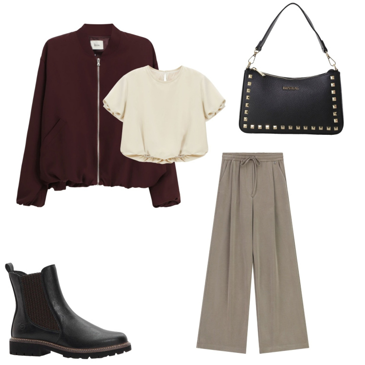 Outfit donna - La comodità. Stile Casual per Tutti i giorni. look ideale per Petite. Abbinamento con camicie a manica corta, pochette, pantaloni a palazzo, bomber, stivaletti chelsea.