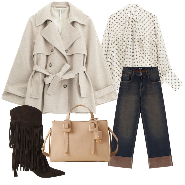 Outfit donna - Passeggiata dopo lavoro. Stile Casual chic per Ufficio. look ideale per Petite. Abbinamento con camicie, trench, jeans, stivali, borse a mano.